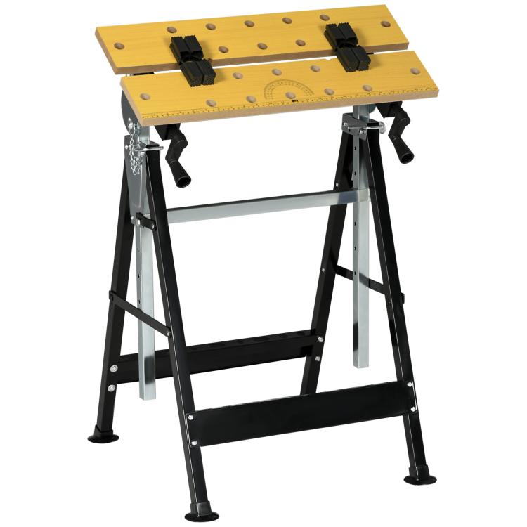 Workbench stand with yellow top board, four black clamps, metal support frame and legs