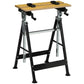 Adjustable work bench stand with wooden top, black steel frame, and four clamps