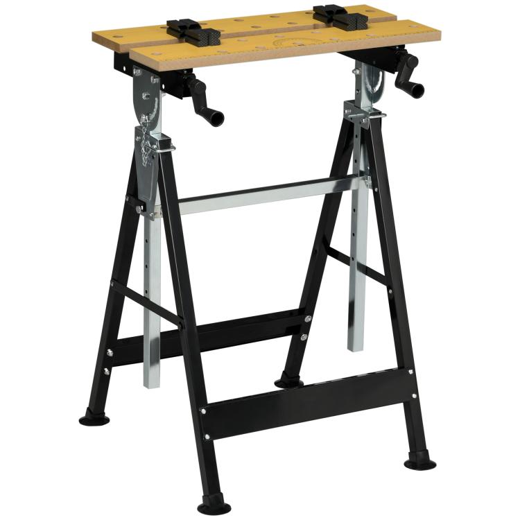 Adjustable work bench stand with wooden top, black steel frame, and four clamps
