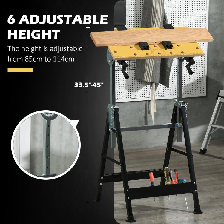 Adjustable workbench stand with yellow clamping board and four black clamps, height-adjust legs