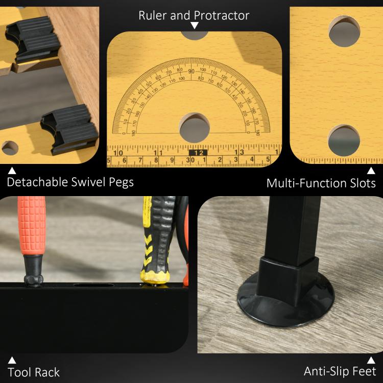 Workbench stand with yellow board featuring ruler scale, multi-function slots, and anti-slip feet