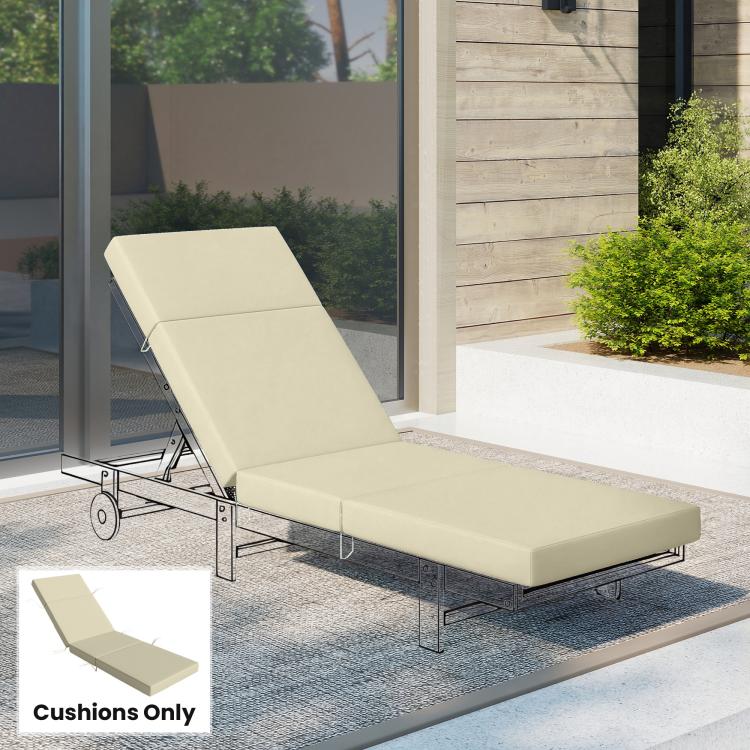 Cream outdoor chaise lounge cushion on metal frame with attached securing ties