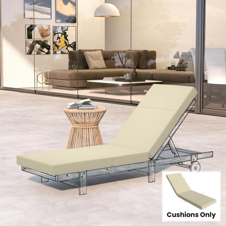 Cream outdoor chaise lounge cushions on adjustable frame with securing ties