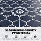 Close-up of dark blue outdoor rug texture with white quatrefoil geometric pattern