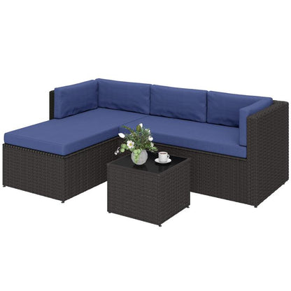 Navy cushion corner patio sofa with dark woven wicker and matching glass-top side table