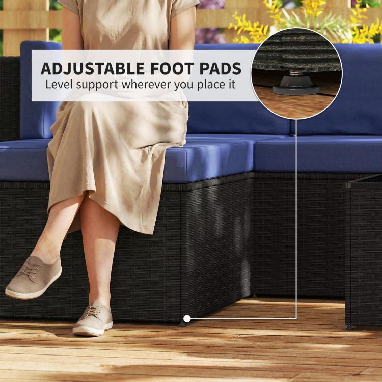 Outdoor patio furniture set with adjustable foot pads, dark wicker frame, navy cushions