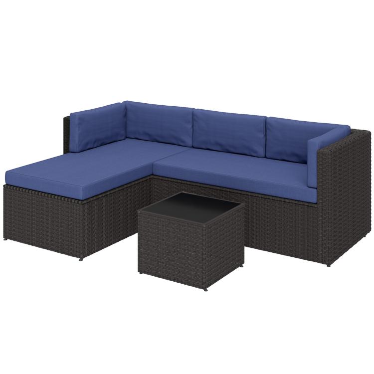 Navy-cushioned outdoor patio sectional with dark wicker frame and coffee table