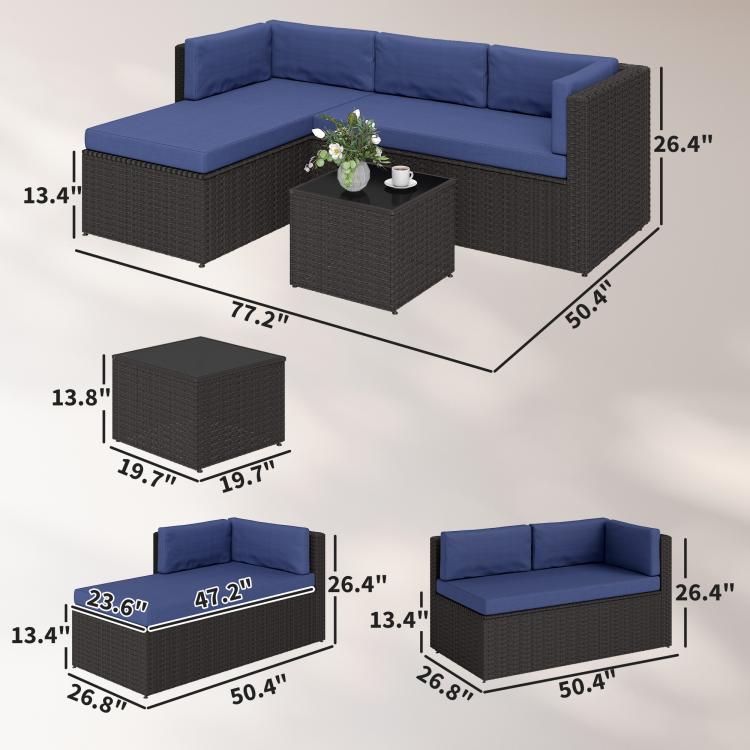 Navy cushion outdoor sectional set with dark wicker and labeled size measurements