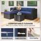 Navy cushion patio sectional with dark wicker and feature callouts for cushion care