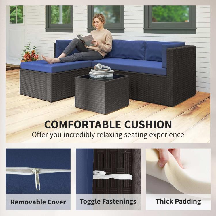 Navy cushion patio sectional with dark wicker and feature callouts for cushion care
