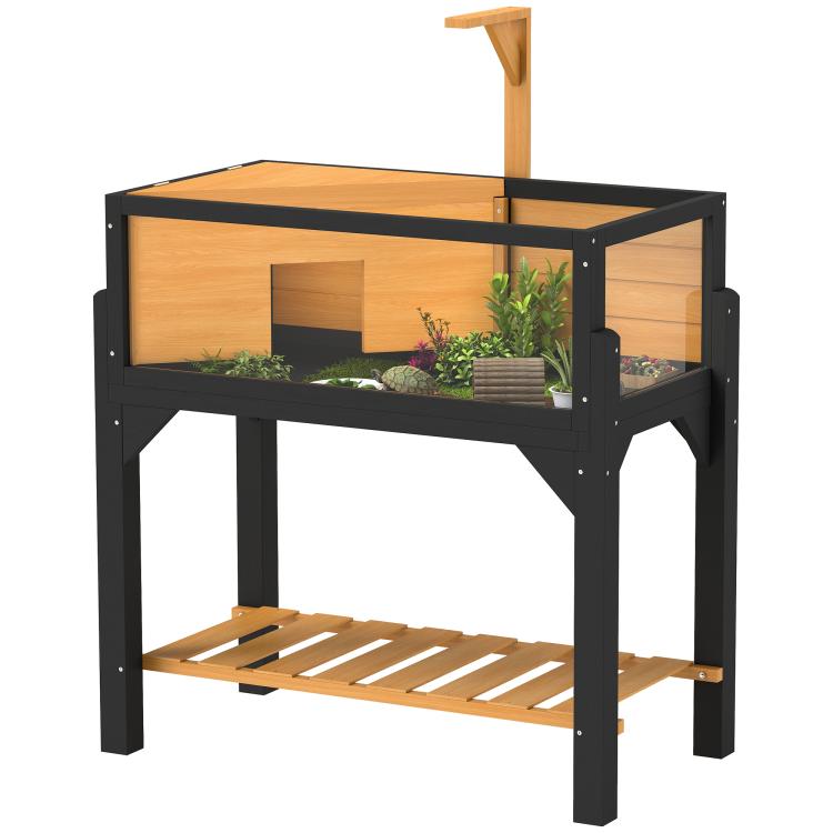 Two-room wooden tortoise habitat with clear windows, openable top, and storage shelf