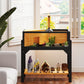 Wooden tortoise habitat with clear windows, open top, lamp holder and storage shelf