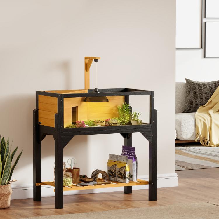 Wooden tortoise habitat with two-tier storage shelf and open front window