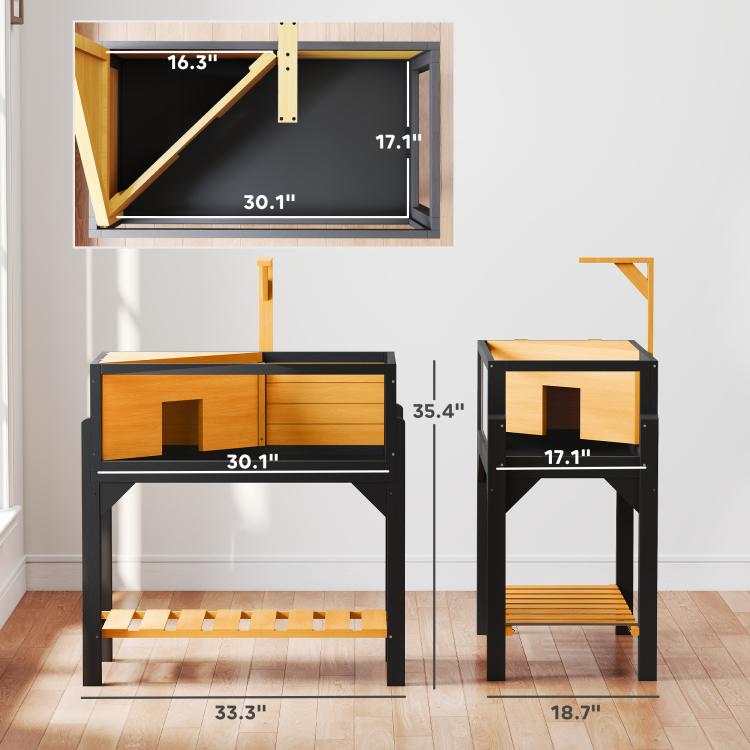 Wooden tortoise habitat with open top and measured interior compartments
