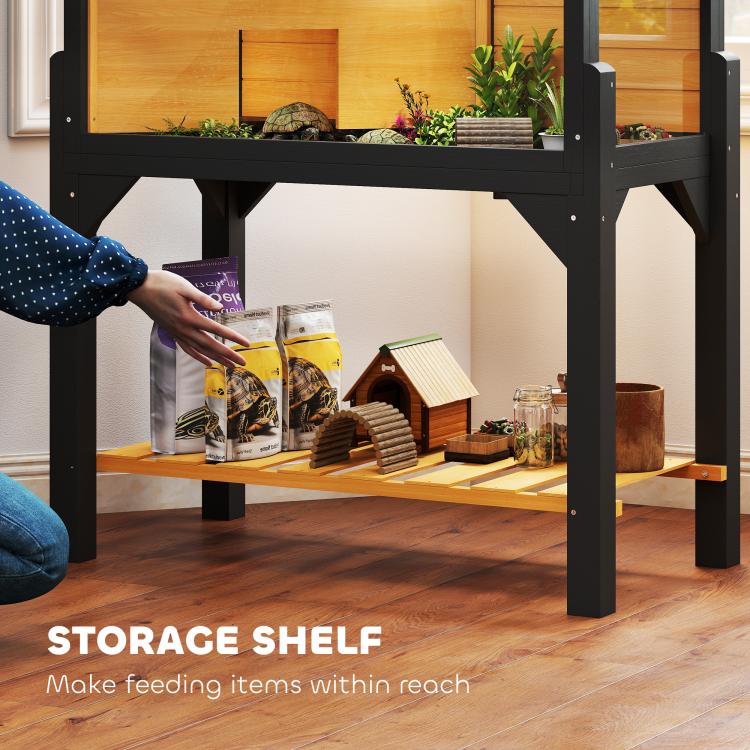 Wooden tortoise habitat with storage shelf and clear front panel window