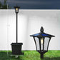 Black solar post lights with planter bases, showing lantern top and dimensions