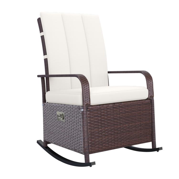 Beige rattan rocking recliner chair with padded back, seat, and integrated footrest