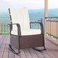 Brown PE rattan rocking recliner chair with beige padded seat and reclined back
