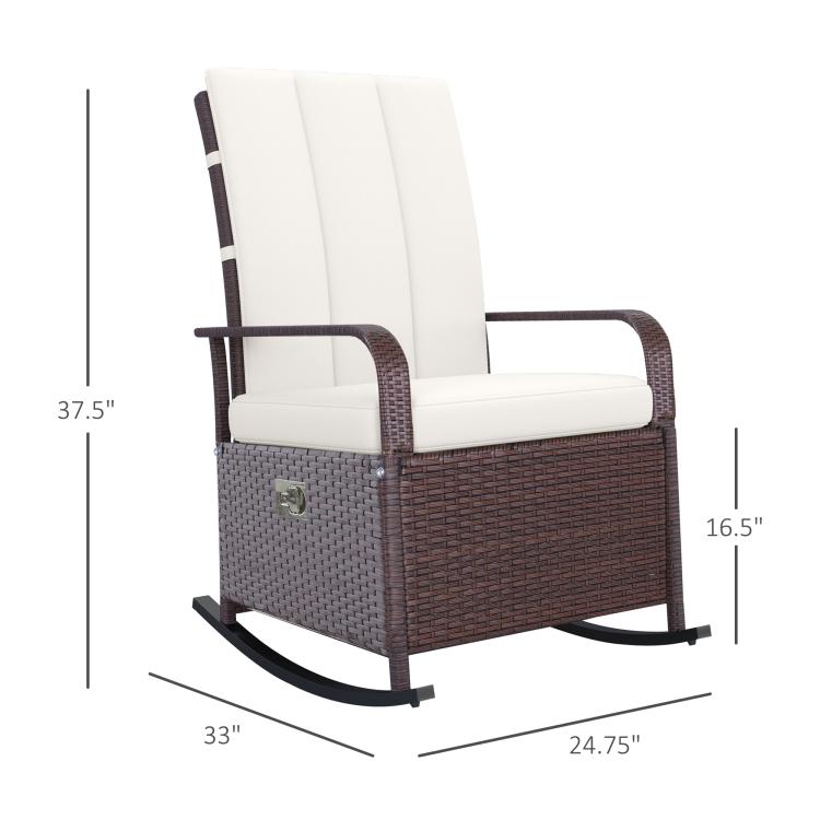 Beige upholstered rattan rocking recliner with footrest and rocking base runners
