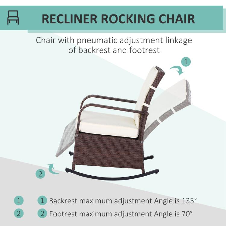 Reclining rattan rocking chair with beige seat and back cushions and angled footrest