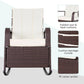 Front view of brown PE rattan rocking recliner with beige padded seat and back cushions