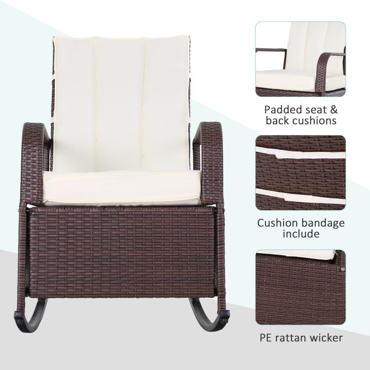 Front view of brown PE rattan rocking recliner with beige padded seat and back cushions