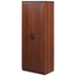 Brown freestanding pantry cabinet with 2 vertical doors and metal bar handles