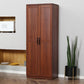 Brown tall pantry cabinet with 2 doors and metal bar handle pulls