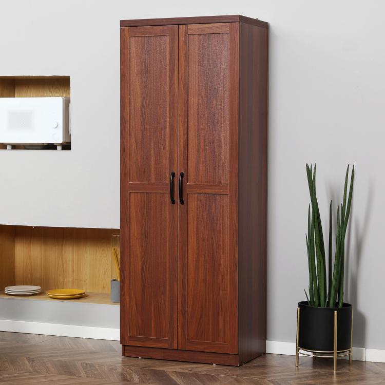 Brown tall pantry cabinet with 2 doors and metal bar handle pulls