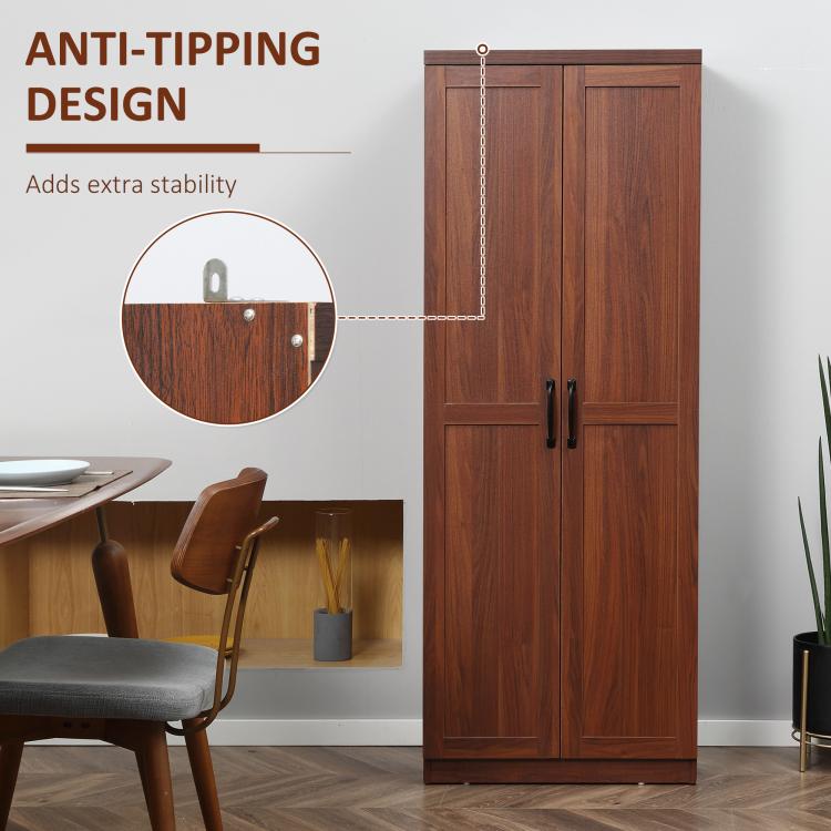 Brown pantry cabinet with 2 doors and anti-tip hardware detail