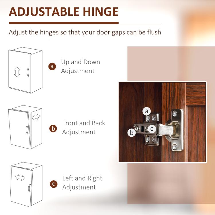 Brown pantry cabinet hinge detail with adjustable mounting hardware
