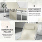 Beige folding outdoor chaise lounge chair with removable head pillow and side pocket