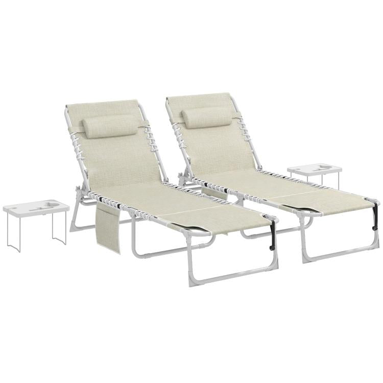 Set of 2 beige folding chaise lounge chairs with side tables and reclining frames