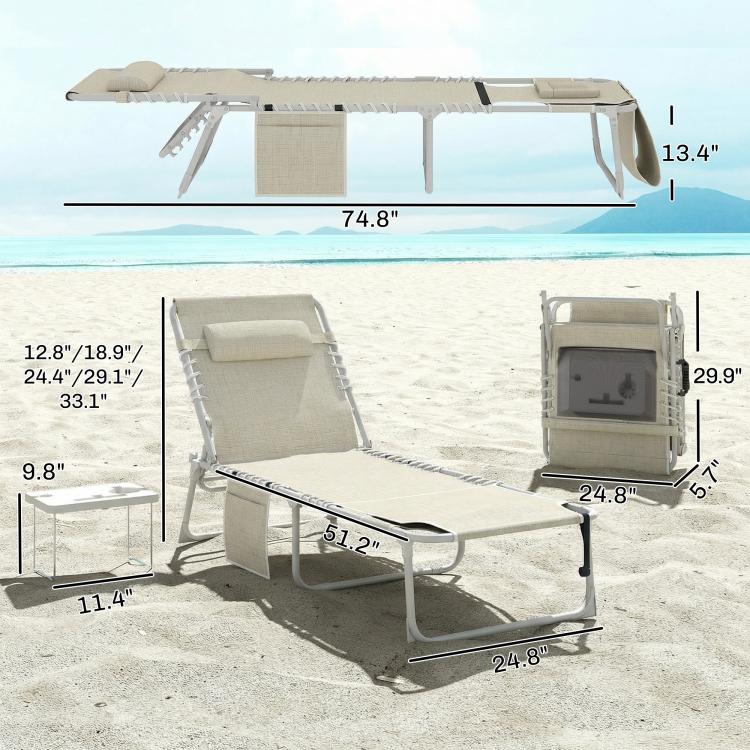 Beige tanning chair set with face hole and side table, shown with size measurements