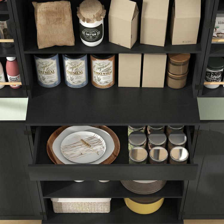 Open black kitchen pantry cabinet interior with adjustable shelves and door racks