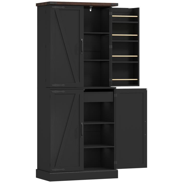 Black tall pantry cabinet with two open doors, interior shelves, and pull-out rack