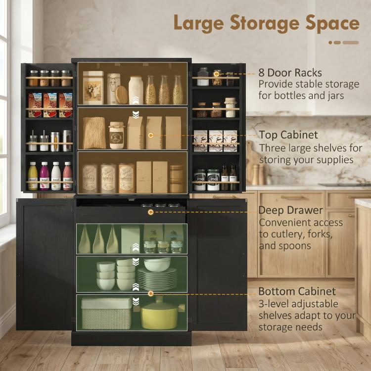 Black pantry cabinet with multiple shelves, door racks, and a pull-out lower drawer