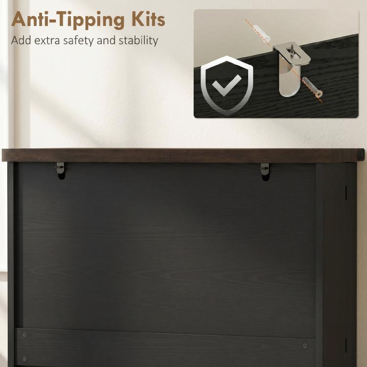 Black pantry cabinet top panel with anti-tip hardware mounting points
