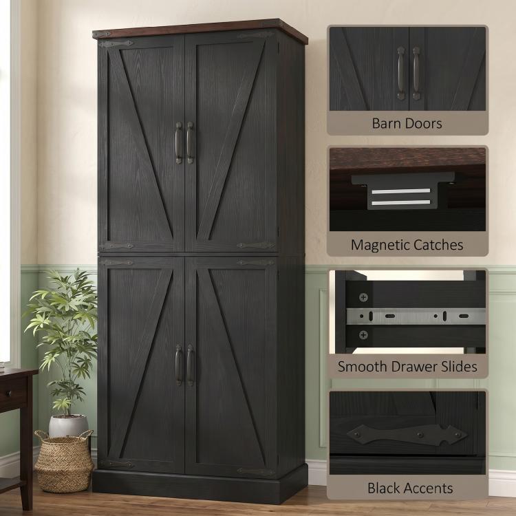 Black pantry cabinet with barn doors, metal handles, and black accent base