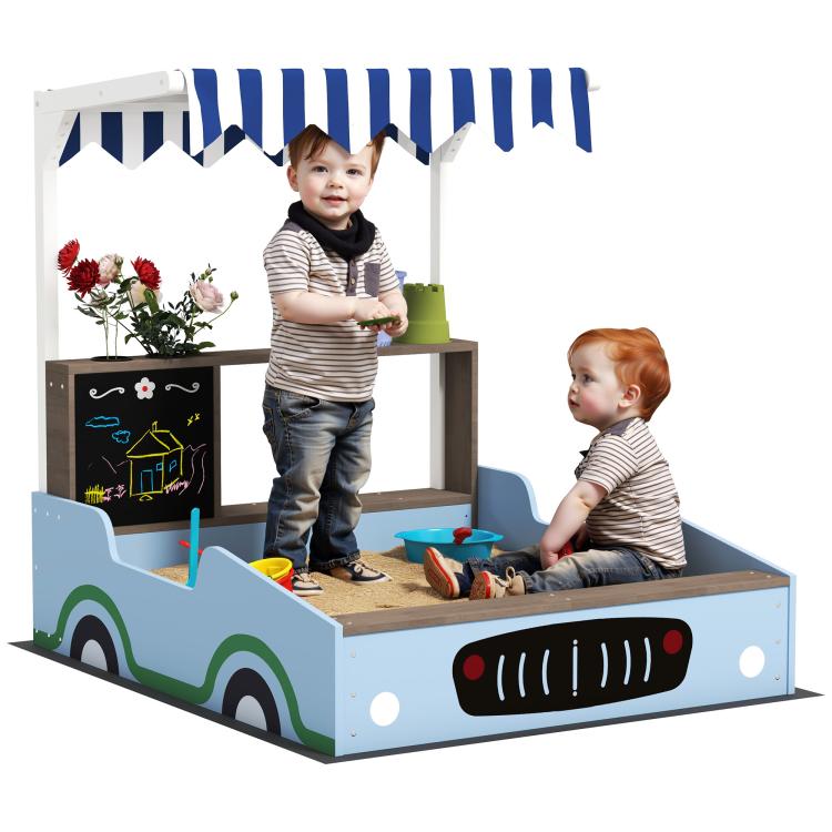 Blue kids wooden sandbox with striped canopy and bench seating, plus chalkboard panel