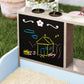 Kids wooden sandbox with canopy, chalkboard front panel with colorful farm drawings
