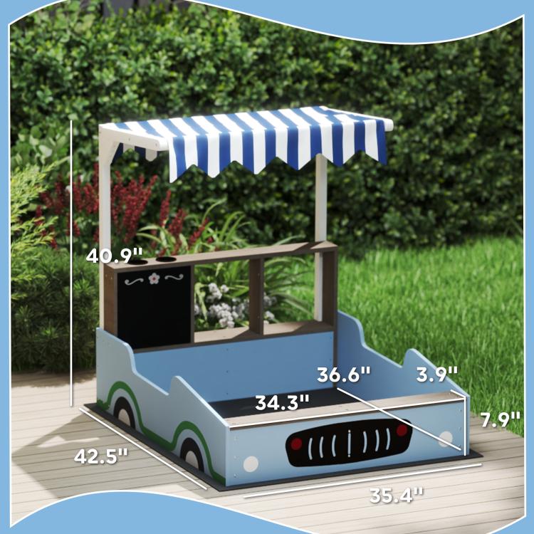 Blue wooden sandbox dimensions view with striped canopy, bench seats and chalkboard