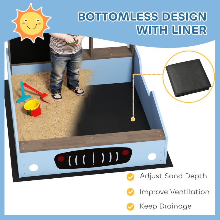 Kids sandbox interior view showing base liner and adjustable sand depth