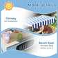 Blue sandbox with striped canopy, bench seats, and chalkboard panel details