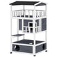 White-and-gray multi-level wooden cat condo with front openings, platforms, and dark roof