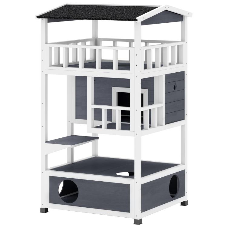 White-and-gray multi-level wooden cat condo with front openings, platforms, and dark roof