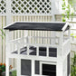 Outdoor wooden cat house with dark gray asphalt roof, front entry doors and platforms