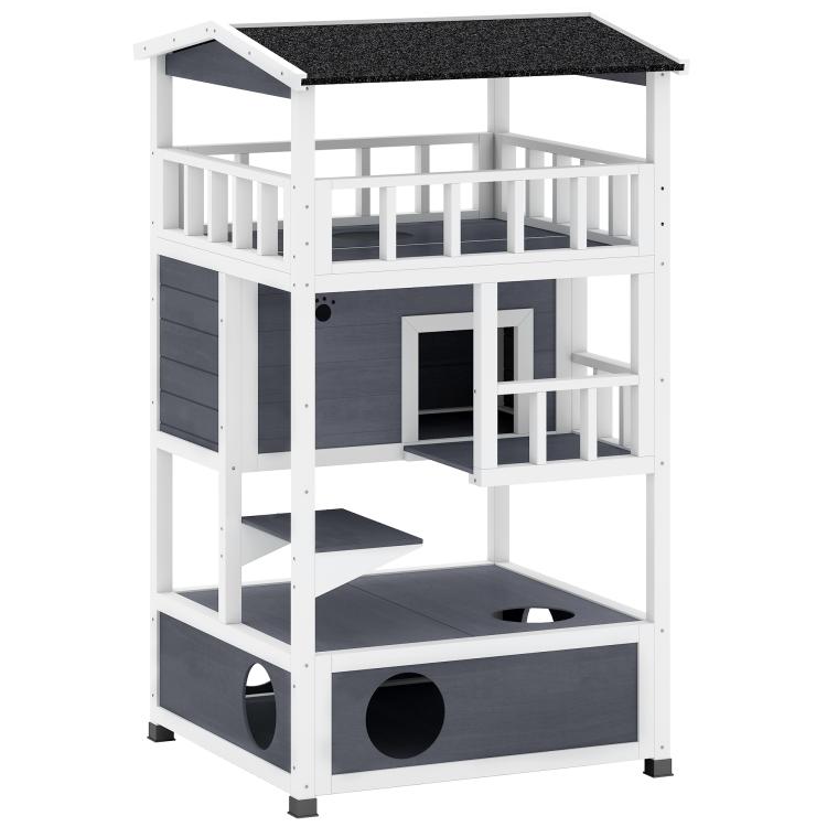 Outdoor wooden cat house, dark gray roof and panels, two levels with circular escape doors