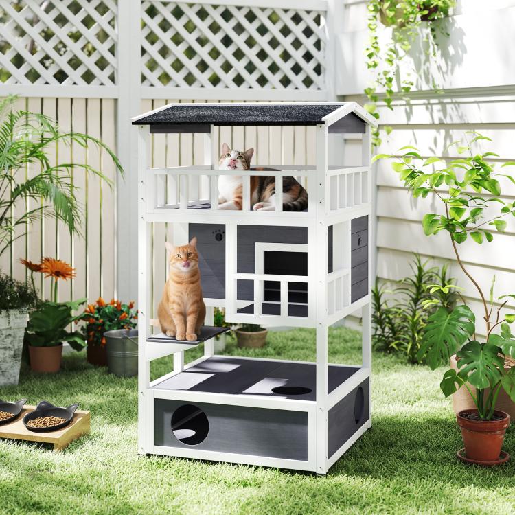 Outdoor wooden cat house with upper balcony rails, two cats resting inside, dark asphalt roof