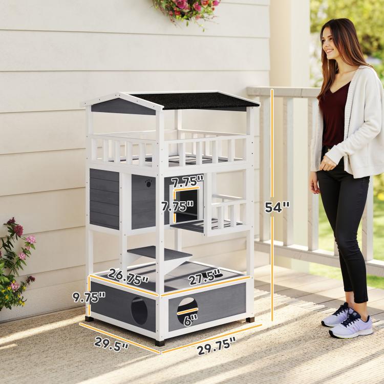 Outdoor wooden cat house kit with dark asphalt roof, stacked condos, and multiple entry doors